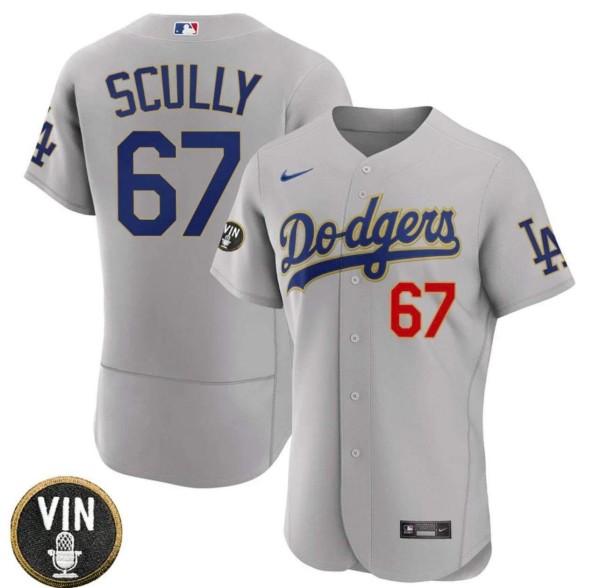 Men's Los Angeles Dodgers #67 Vin Scully 2022 Grey Vin Scully Patch Flex Base Stitched Baseball Jersey